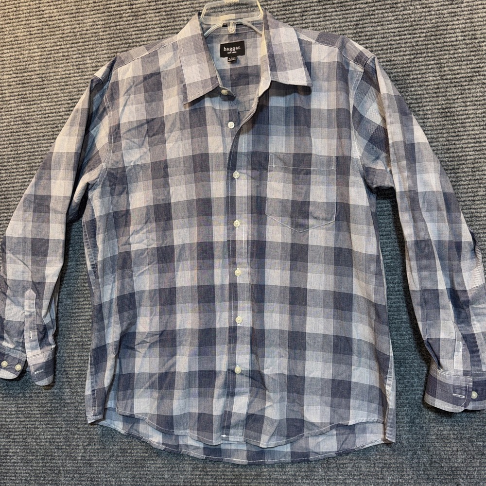 Haggar No Iron Mens Large Blue Plaid Wrinkle Resistant Button Down Long Sleeve
